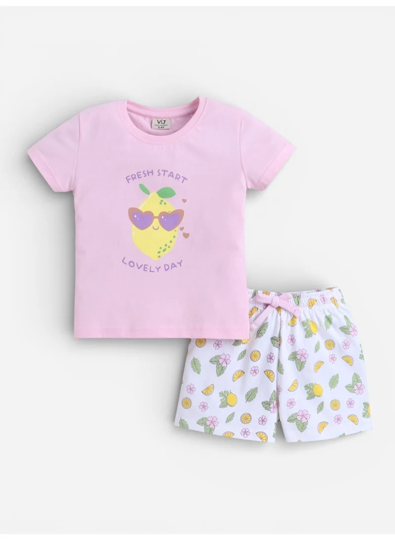 Victor And Jane  Girls Lemon Print Cotton Pajama Set – T-Shirt & Shorts Nightwear for Women | Best Price UAE